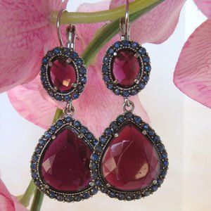 Purple & blue teardrop rhinestone pierced earrings Victorian Revival